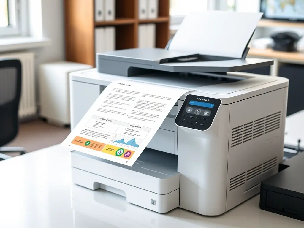 A high-resolution image of a professional-grade laser printer in an office setting, printing a document with sharp text and vibrant graphics. The printer should look modern and efficient.