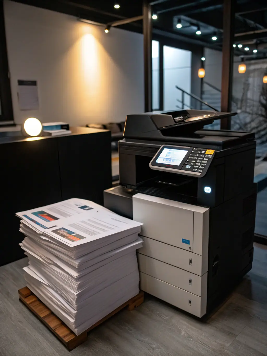 A professional-grade laser printer in a busy office environment, printing a stack of documents quickly and efficiently.