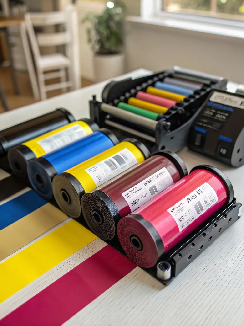 A high-resolution photo of a set of vibrant, multi-colored ink cartridges for inkjet printers, neatly arranged on a white background, showcasing the range of colors available at Max Source Studio.