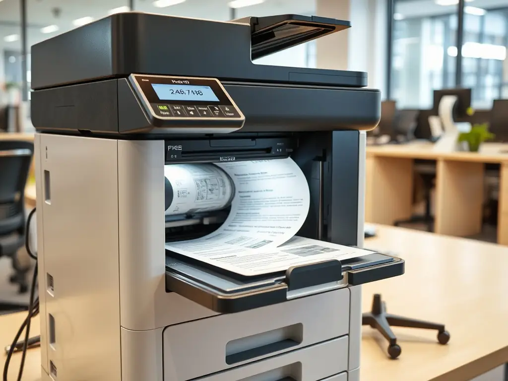 An image of a multifunction printer scanning a document, highlighting its all-in-one capabilities including printing, scanning, copying, and faxing. The printer should appear sleek and efficient.
