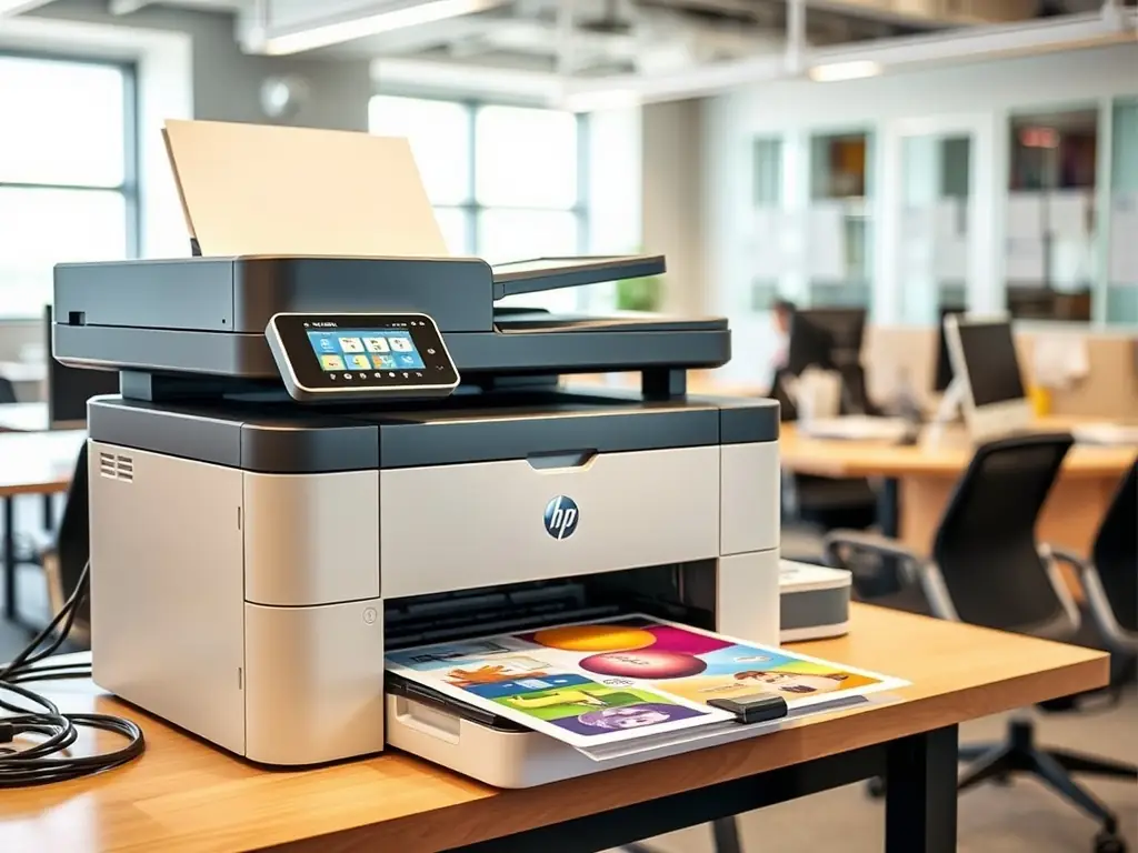 A detailed image of an inkjet printer producing a colorful photograph, showcasing its ability to handle various media types and produce vivid colors. The printer should be compact and user-friendly.