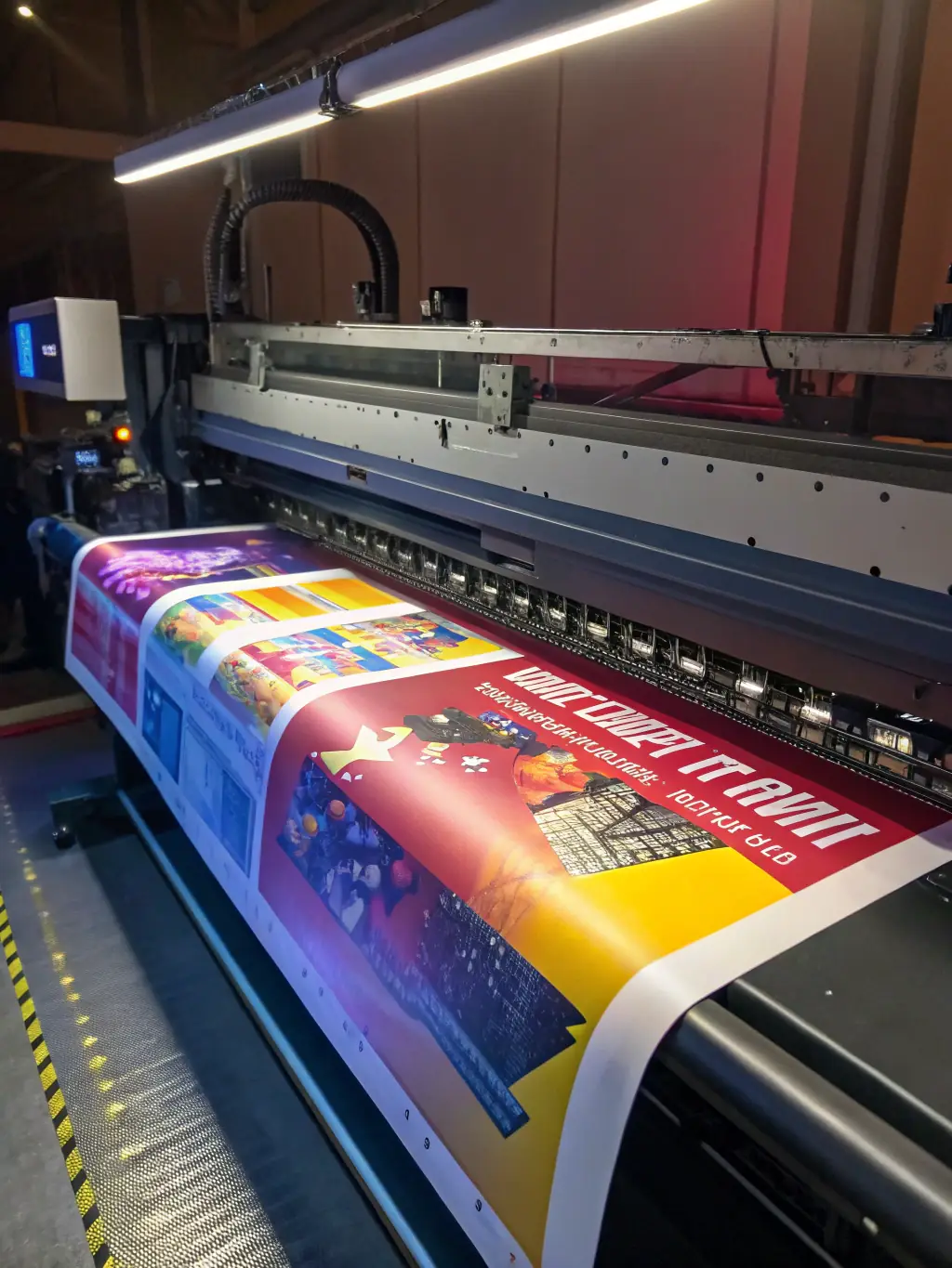 An image showing a large format printer in action at Max Source Studio, printing a banner or poster, demonstrating the scale and capabilities of large format printing.