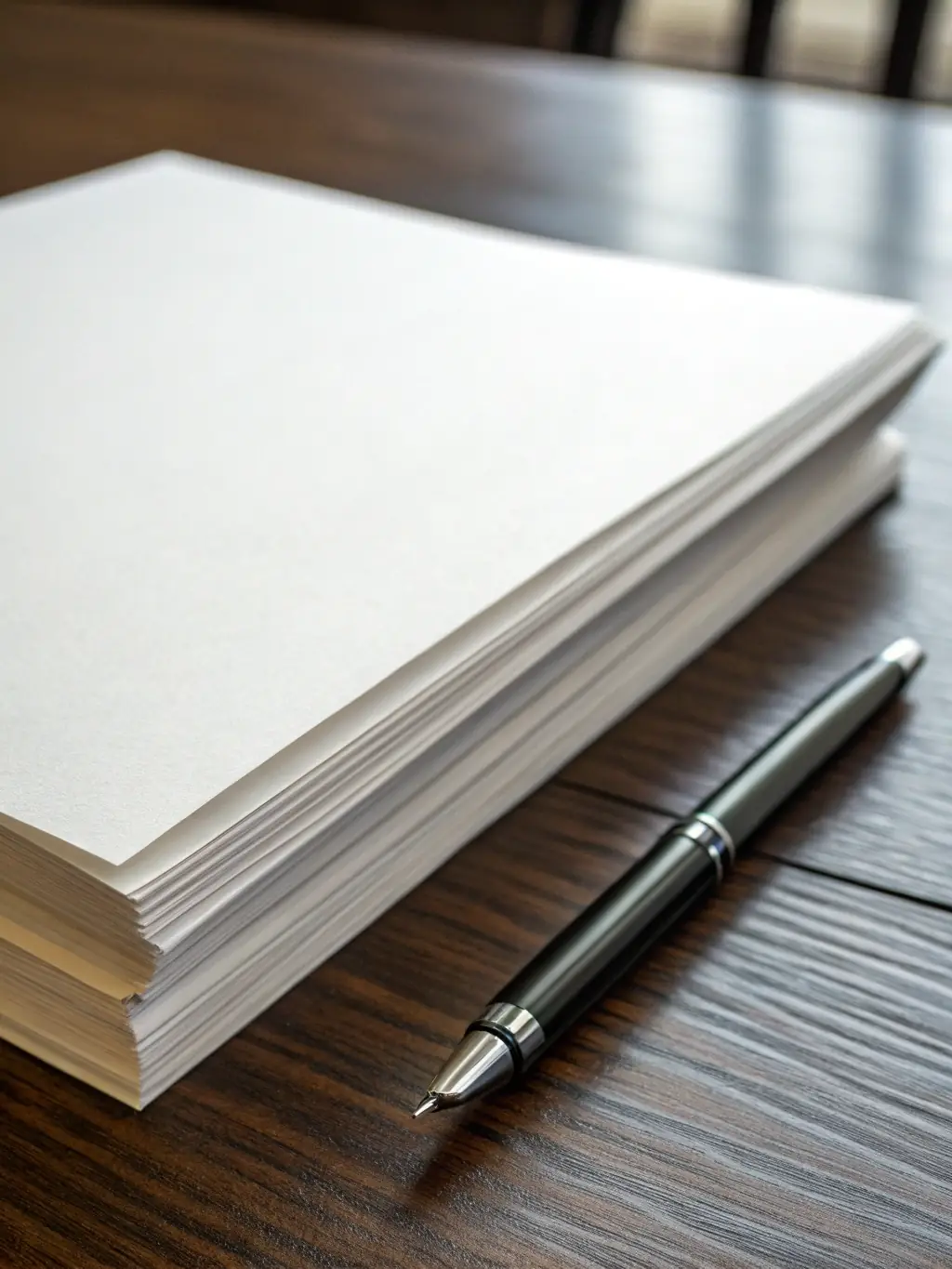 A close-up shot of a stack of high-quality, bright white printing paper, emphasizing the smooth texture and professional finish, ideal for crisp and clear documents from Max Source Studio.