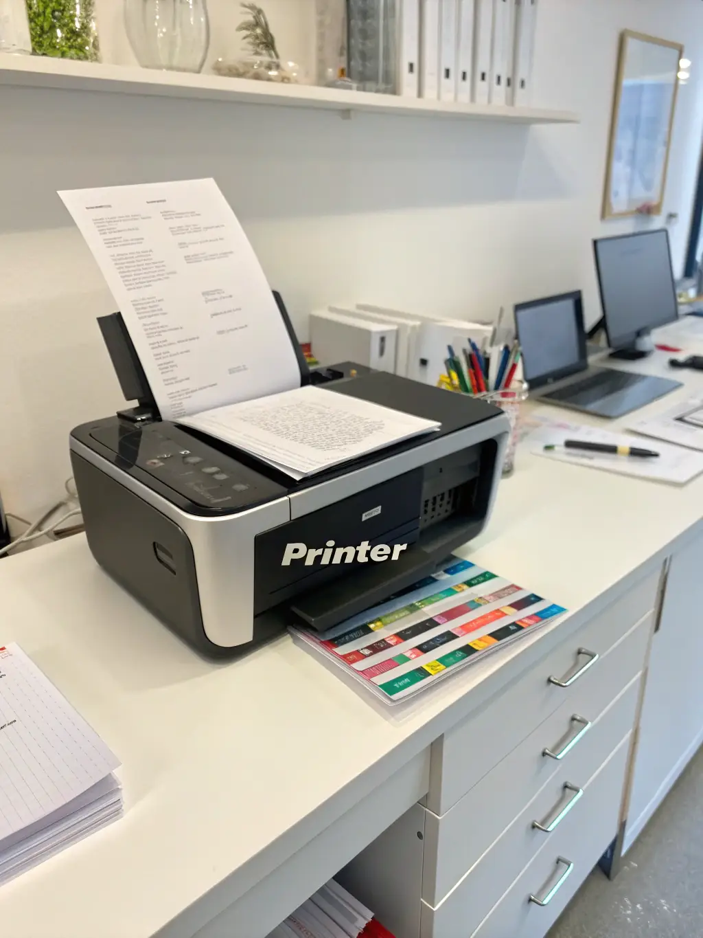 A professional image of a document being printed in black and white at Max Source Studio, emphasizing the clarity and sharpness of the text.